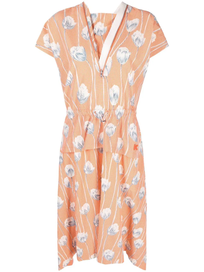 Kenzo Graphic-floral Print Gingham Midi Dress In Orange