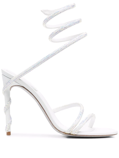 René Caovilla Cleo Crystal-studded Satin Heeled Wrap Sandals In White