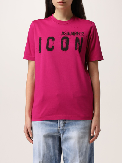 Dsquared2 Fuchsia T-shirt With Sprayed Icon Print In Pink