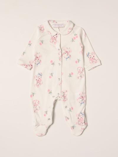 Monnalisa Babies' Footed Jumpsuit With Teddy Bears And Flowers Pattern In Yellow Cream