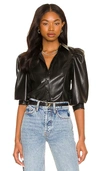 ALICE AND OLIVIA NADINE 3/4 PUFF SLEEVE VEGAN LEATHER BUTTON DOWN