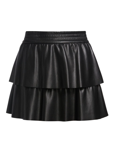 Alice And Olivia Jia Vegan-leather Smocked Tiered Mini Skirt In Black