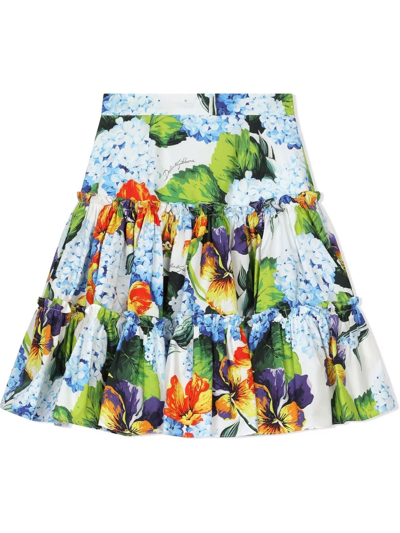 Dolce & Gabbana Kids' Tiered Floral-print A-line Skirt In Blue