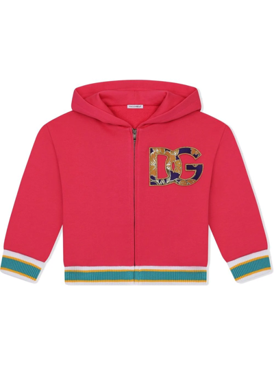 Dolce & Gabbana Kids' Logo-patch Zip-front Hoodie In Fuchsia