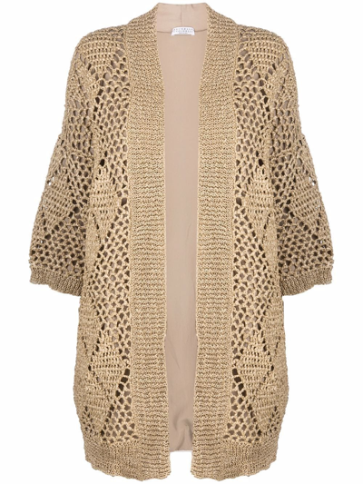 Brunello Cucinelli Open-knit Cardigan Coat In Brown
