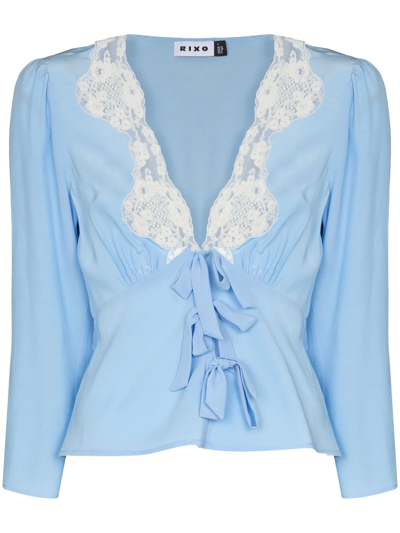 Rixo London Rochelle Cotton-blend Lace-trimmed Crepe De Chine Blouse In Sky
