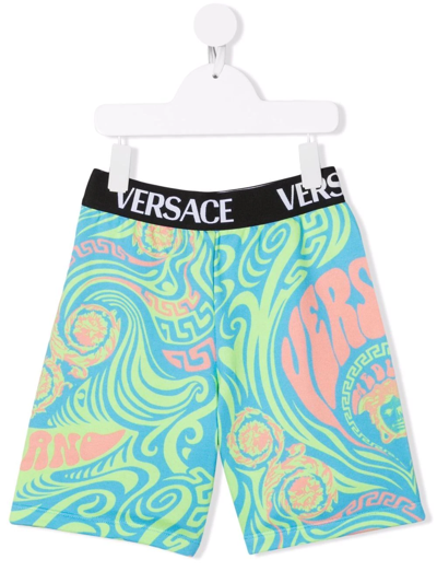 Versace Kids' Logo裤腰短裤 In 5g130 Neon Green+sky