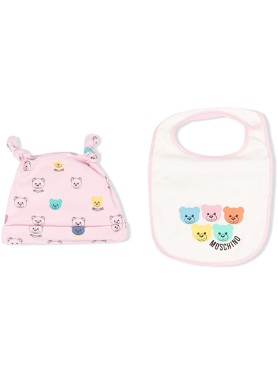 Moschino Babies' Teddy Bear Organic-cotton Knitted Hat Set In Pink