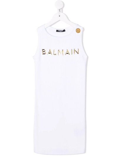 Balmain Kids' Girls White & Gold Logo Dress