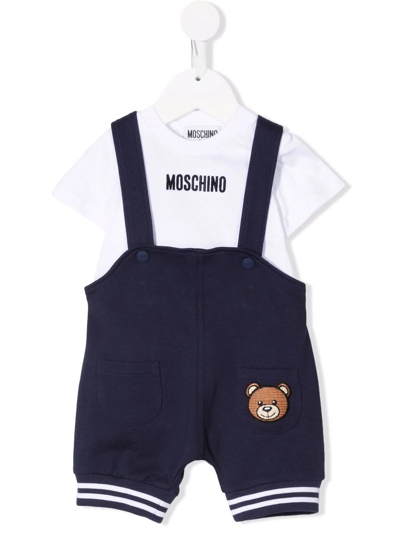Moschino Babies' Teddy Bear 棉背带裤套装 In White