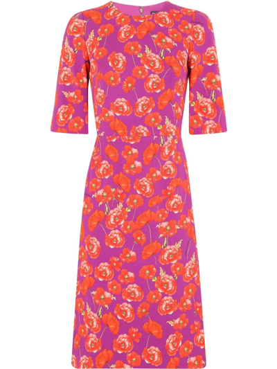 Dolce & Gabbana Poppy-print Three-quarter Sleeve Dress In Multicolor