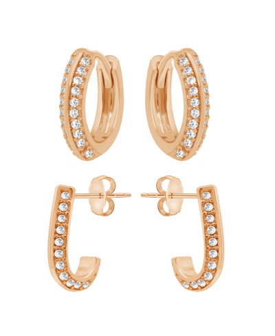 And Now This Cubic Zirconia Crystal Huggie Hoop And J Hoop Duo Earring Set, Rose Gold Plate In Rose Gold-tone
