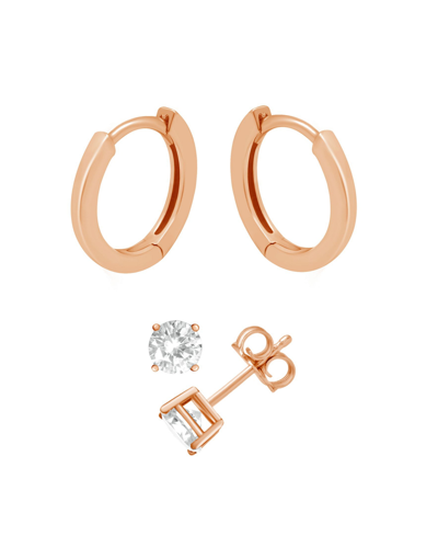 And Now This Cubic Zirconia Round Stud Polished Huggie Hoop Earring, Rose Gold Plate In Pink