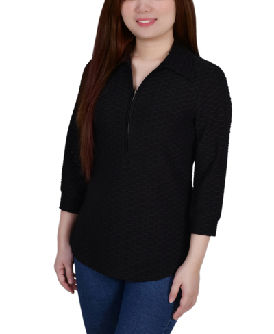 Ny Collection Plus Size 3/4 Sleeve Honeycomb Half Zip Collared Top In Black