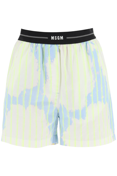 Msgm Bleached Cotton Shorts In White,light Blue,yellow