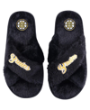 FOCO WOMEN'S FOCO BOSTON BRUINS SCRIPT CROSS SLIDE SLIPPERS