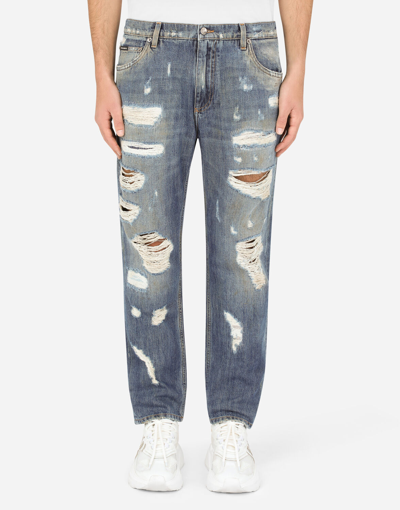 Dolce & Gabbana Loose Blue Wash Jeans With Rips In Multicolor