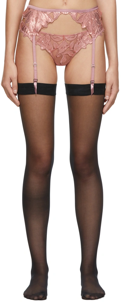 Fleur Du Mal Pink Foil Lily Embroidery Garter Belt In 0900 Rose Gold