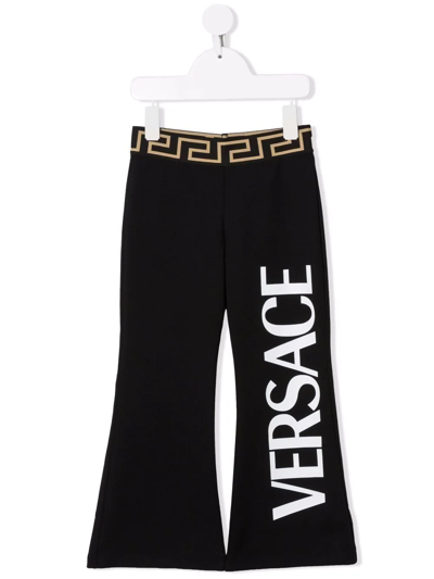 Versace Kids' Logo Print Flared Cotton Sweatpants In Black