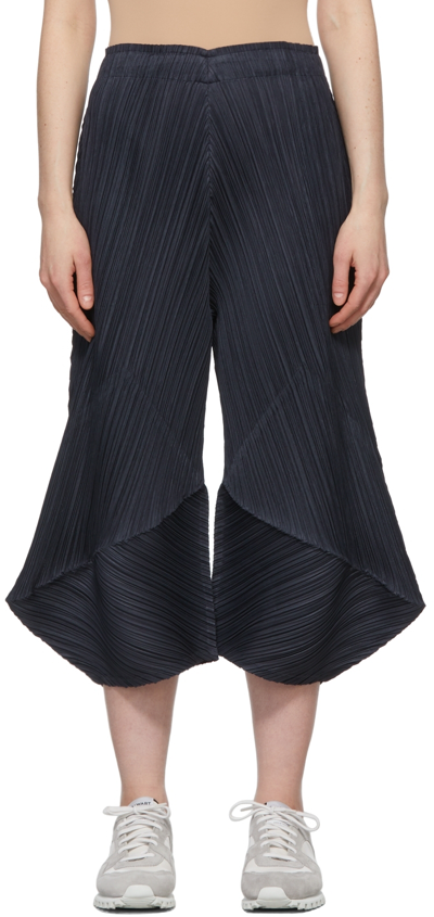 Issey Miyake Thicker Pleated High Waist Wide Leg Crop Pants In Blue Black