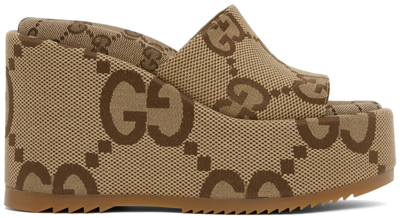 Gucci Brown Gg Angelina Platform Sandals In Camel Ebony