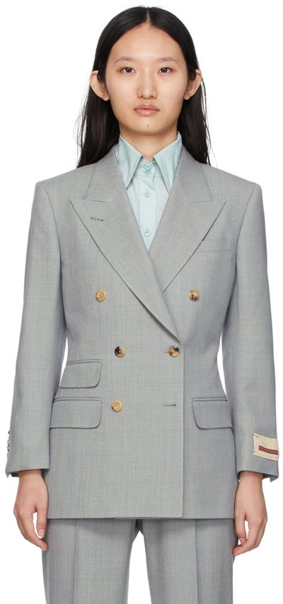 Gucci Logo Patch Double Breasted Blazer In Light Grey