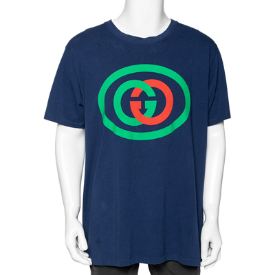 Pre-owned Gucci Blue Gg Logo Printed Cotton Short Sleeve T-shirt M