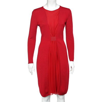 Pre-owned Giambattista Valli Red Wool & Pleated Silk Paneled Midi Dress Xs