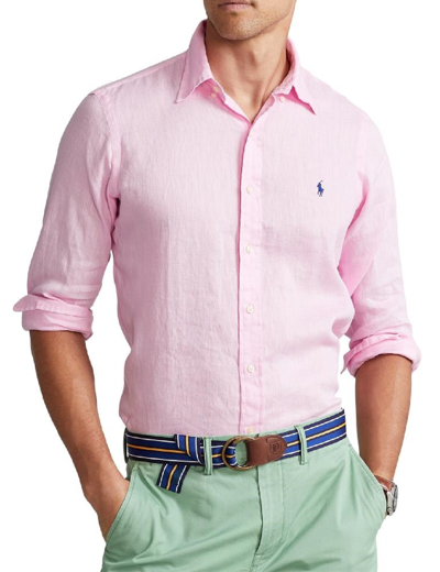 Polo Ralph Lauren Button-down Collar Logo-embroidered Linen Shirt In Pink