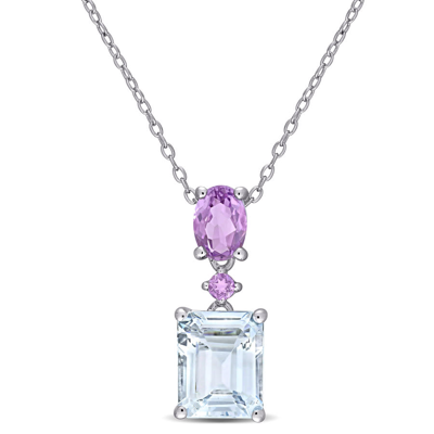 Amour 3 4/5 Ct Tgw Ice Aquamarine And Amethyst Two-tier Dangle Pendant With Chain In Sterling Silver In Multi-colored