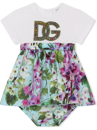 Dolce & Gabbana Babies' Logo Printed Dress W/ Diaper Cover In Campanule Fdo.azzurr