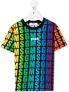 Msgm Kids Black T-shirt With All-over Printed Multicolor Logo In Blue