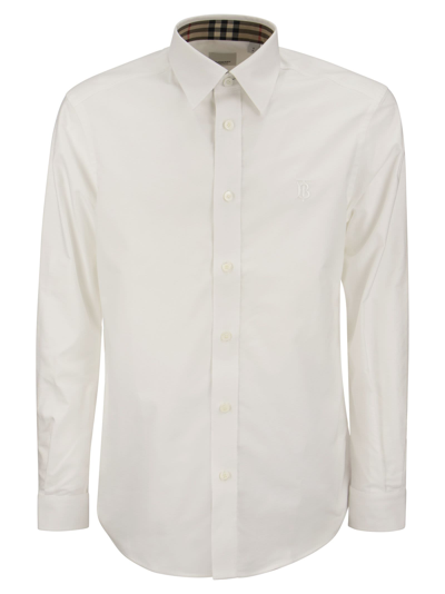 Burberry Mens Embroidered Oxford Cotton Longline Shirt In White
