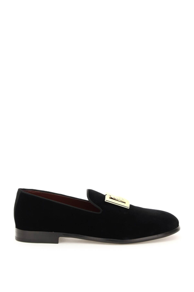 Dolce & Gabbana Black Velvet Cotton Logo Loafers Dress Shoes