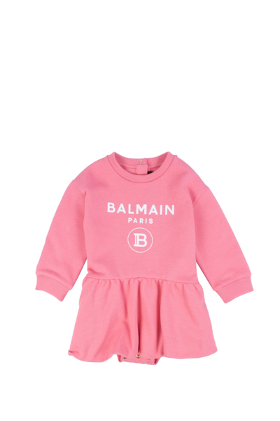 Balmain Baby Logo Cotton Dress In Rose