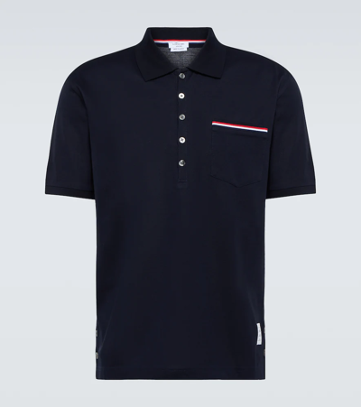 Thom Browne Heather Polo Shirt With Striped Pocket In Blue