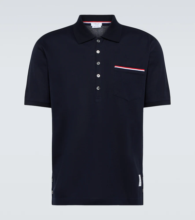 Thom Browne Heather Polo Shirt With Striped Pocket In Navy
