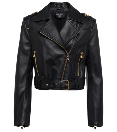 Balmain Cropped Leather Biker Jacket In Black
