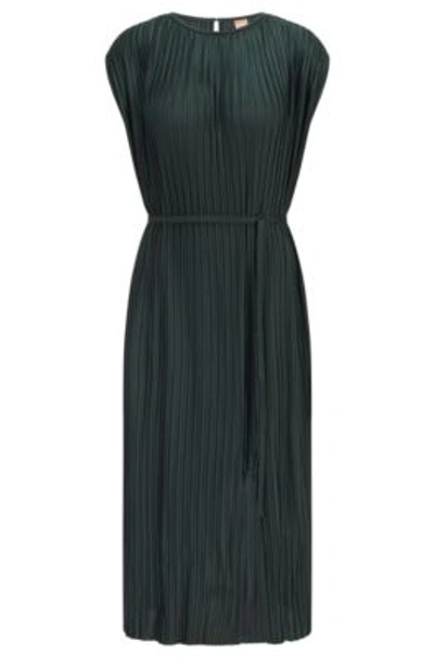 Hugo Boss Plissé Dress With Belted Waist And Branded Button In Dark Green