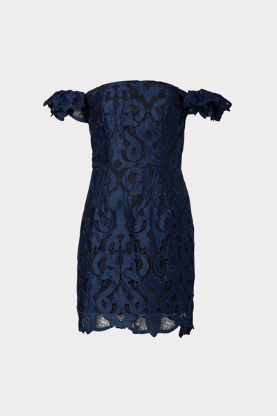 Milly Britton Off The Shoulder Guipure Lace Sheath Dress In Navy