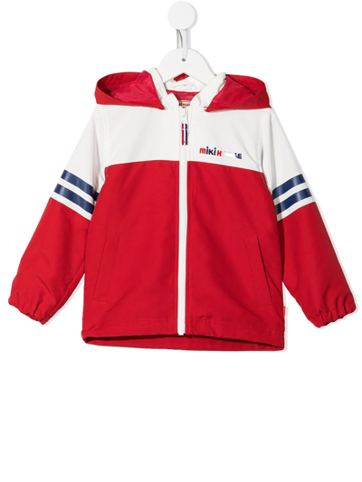 Miki House Kids' Stripe-detail Zip-up Hooded Jacket In Red