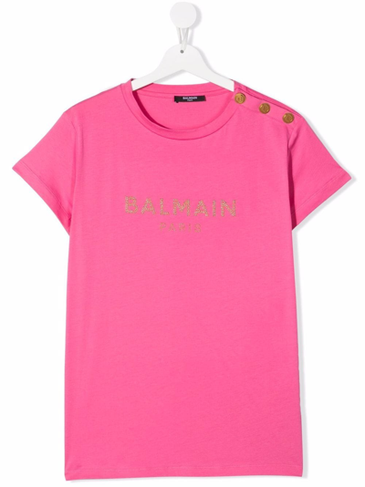 Balmain Teen Button-embellished Logo T-shirt In Pink