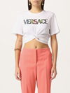 Versace Cotton Blend Cropped T-shirt With Logo In White