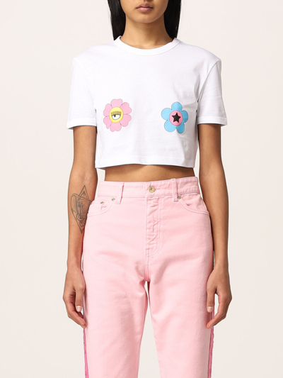 Chiara Ferragni Cropped T-shirt With Eyestar Flowers Print In White