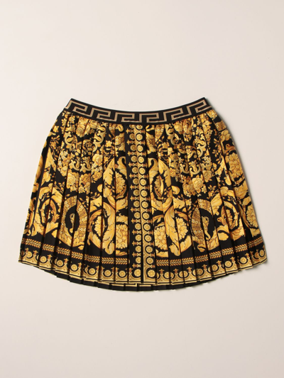Young Versace Kids' Barocco Printed Fully Pleated Mini Skirt In Black