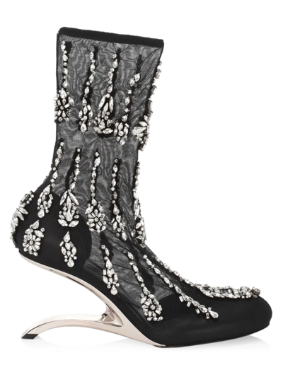 Alexander Mcqueen Embellished Mesh Sculptural-heel Boots In Black Silver