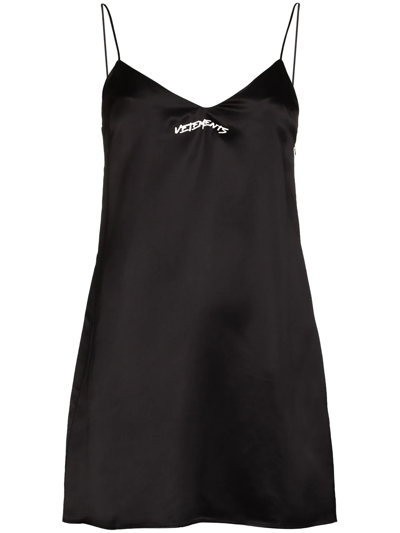 Vetements Logo-print Spaghetti-strap Dress In Black