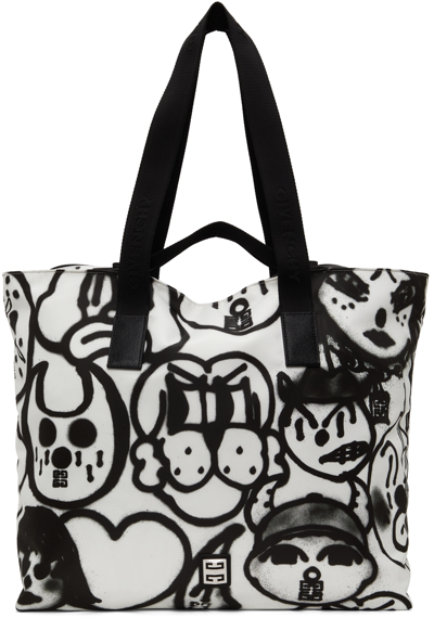 Givenchy Men's 4g Tag-effect Printed Light Nylon Shopping Tote Bag In White/black