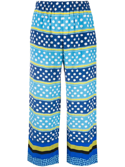 Marni Cropped Straight Leg Silk Pyjama Pant With Dots & Stripes In Blue