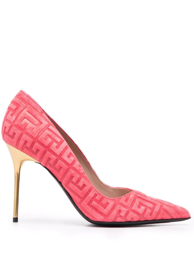 Balmain Ruby Suede Debossed Monogram Pumps In Rose Fuchsia